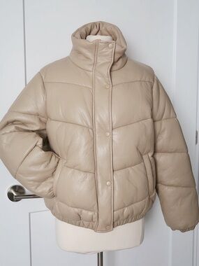 Beige Faux Leather Puffer Jacket DeFacto–Zara Style